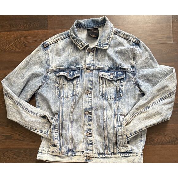 Forever 21 Alphonse Mucha Stained Glass Acid Wash Blue Jean Denim Jacket Mens M - Picture 2 of 9